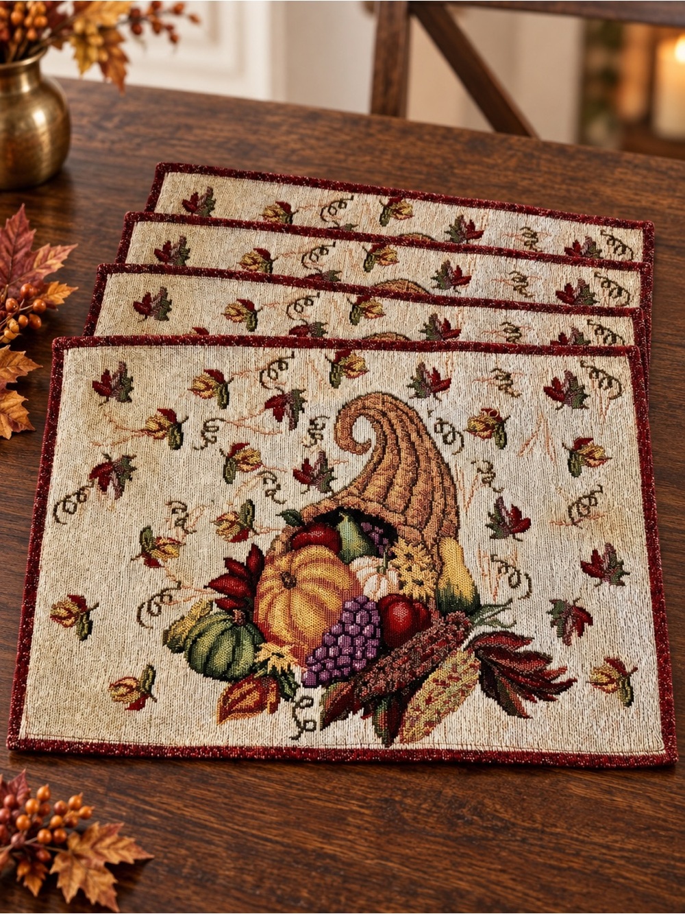 Vintage Fall Harvest Cornucopia Tapestry Placemats Set of 4 Thanksgiving